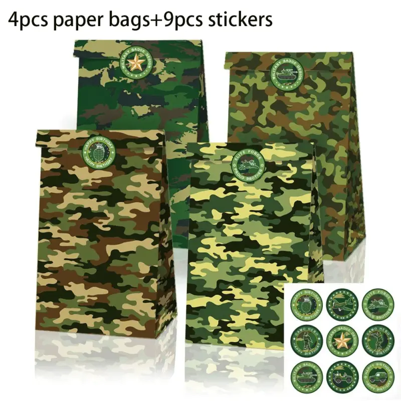 Lot de 4 sacs cadeaux camouflage militaire avec 9 autocollants pour fête - Kf s d dce b c fca eb b b cb ec - Decorative Events