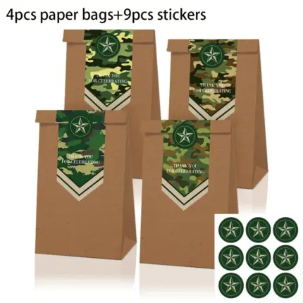 Lot de 4 sacs cadeaux kraft thème militaire avec 9 autocollants pour fête - Kf s a c caf fea a a - Decorative Events