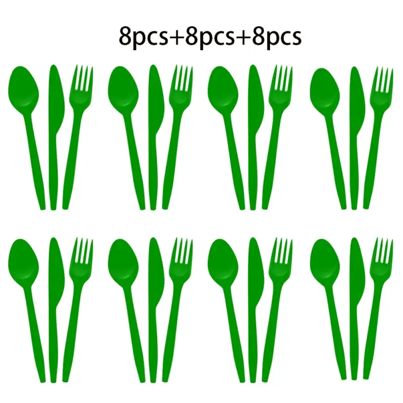 Lot de 24 couverts en plastique verts (8 fourchettes, 8 couteaux, 8 cuillères) - Kf s e bfe c a d efa ad fx - Decorative Events