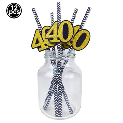 Lot de 12 pailles en papier “40” noir et or pour anniversaire - Kf s e fd b d d f f x - Decorative Events