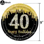 Lot de 8 assiettes en carton “40 Happy Birthday” noir et or (23 cm) pour anniversaire 🎉 - Kf s d f ab c d f m - Decorative Events