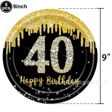 Lot de 8 assiettes en carton “40 Happy Birthday” noir et or (23 cm) pour anniversaire 🎉 - Kf s d f ab c d f m - Decorative Events