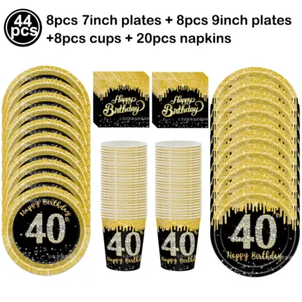 Kit de vaisselle anniversaire “40 Happy Birthday” noir et or – 44 pièces - Kf s b bc f aa f f u - Decorative Events