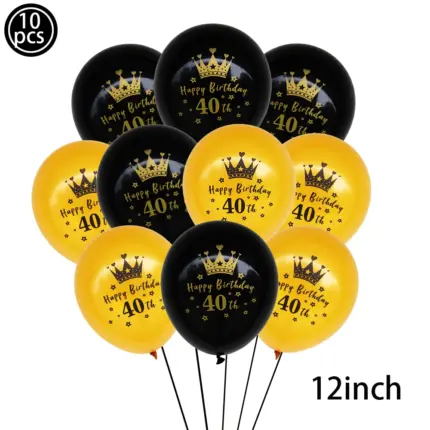 Lot de 10 ballons “40 Happy Birthday” noir et or pour anniversaire - Kf sedc a c e cba b b bcae de ax - Decorative Events